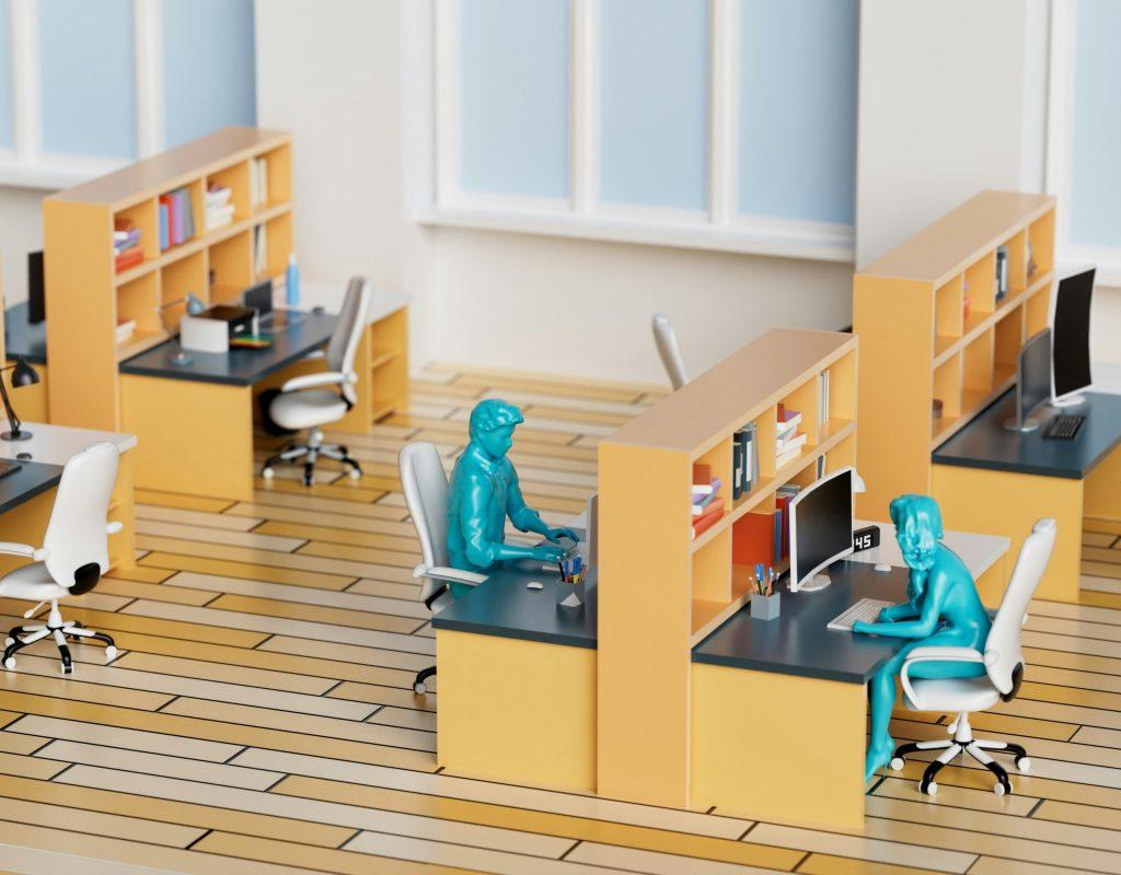 3D rendered image depicting figurines of workers at desks, where they represent workers contemplating using generative AI and need for AI Upskilling.