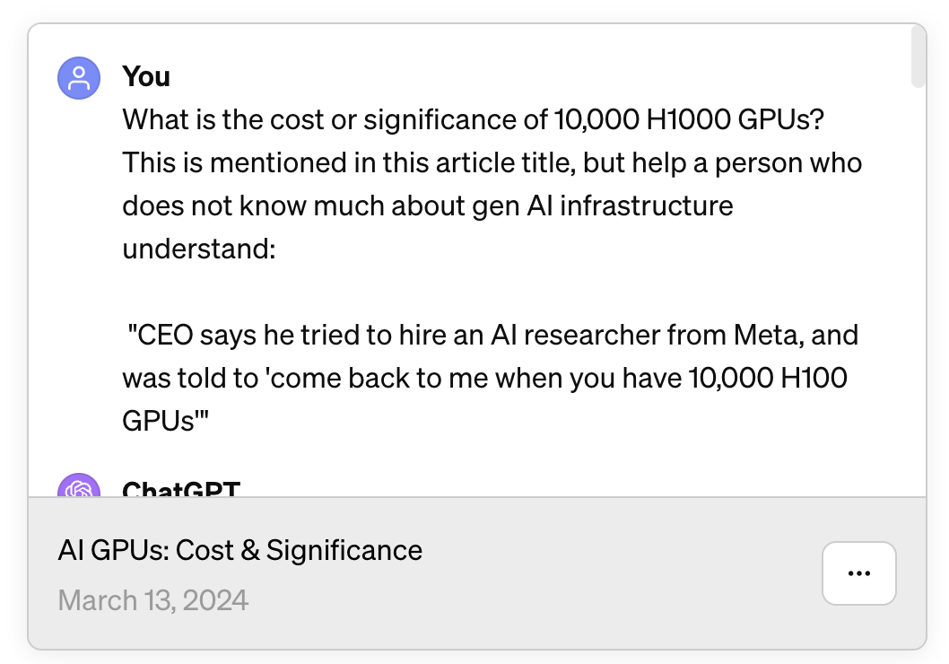 Chat GPT conversation showing a question asked by inputter, "What is the cost or significance of 10,000 H1000 GPUs?" from the article title.