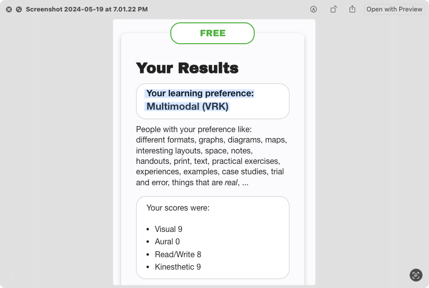 A screenshot of results from a learning quiz, in the Mac Preview app. It says "Your learning preference: Multimodal (VRK)". It has a paragraph describing the preference for multiple different formats, and shows a score of Visual: 9, Aural: 0, Read/Write: 8, and Kinesthetic: 9. The "Your Learning Preference" text is highlighted in blue.