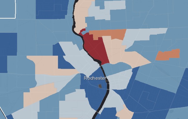 Colored map of a county in the US, showing mostly blue shapes with a few light red ones.