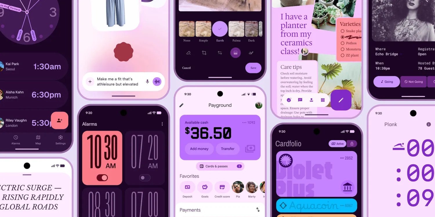 A layout that shows Google's M3 expressive design system update, with bold colors and multiple app layouts.