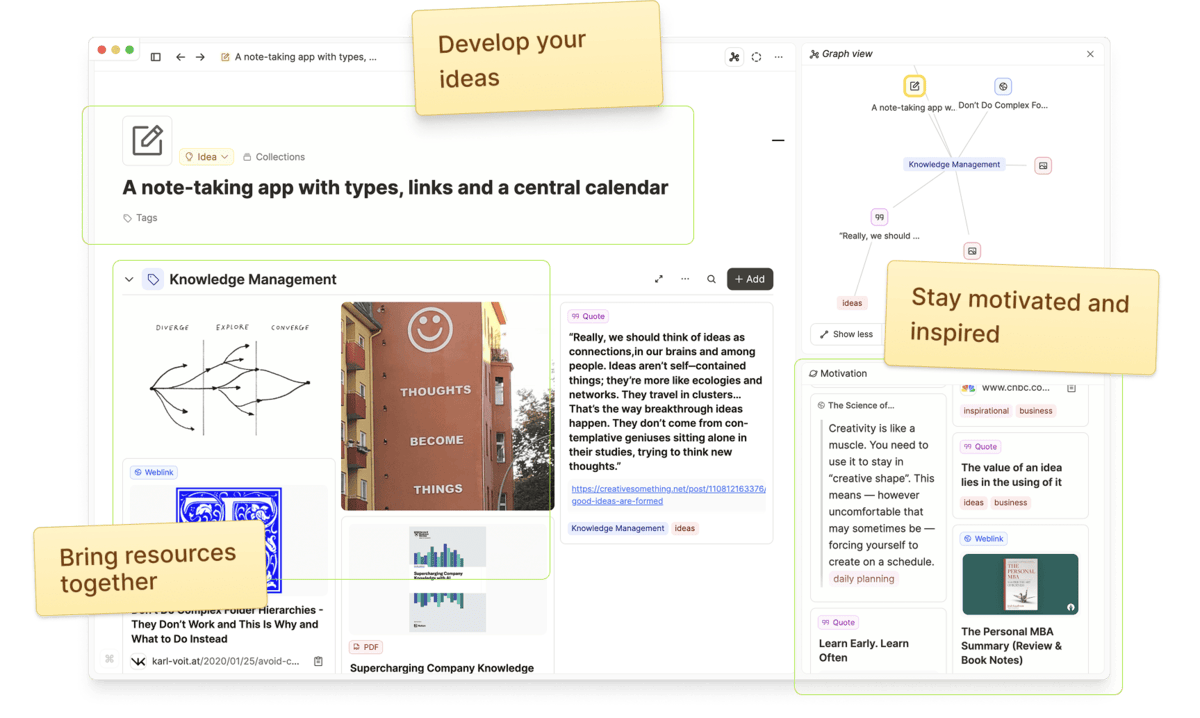 A screenshot showcasing some of the note-taking app Capacities' features.
